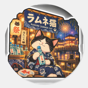Ramune-Katze Japanisches Sommerfest Feuerwerk Runder Aufkleber