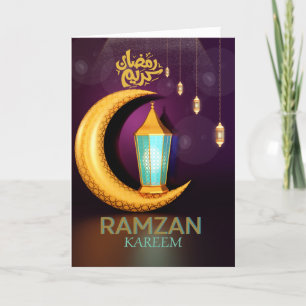Ramzan Kareem Goldener Mond mit Laternen Lila  Feiertagskarte