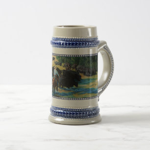 Ranchpferd, schwarzes Angus-Vieh fahren in Fluss Bierglas