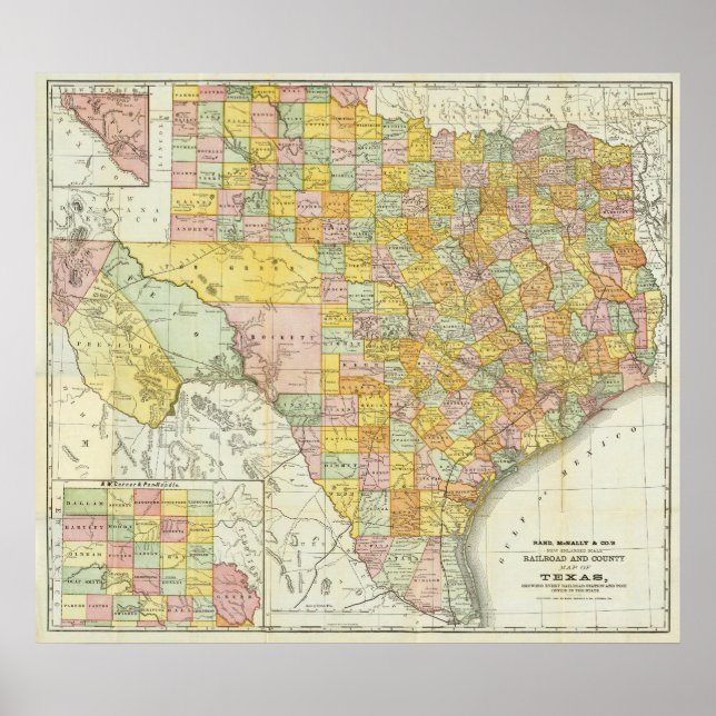 Rand McNally Railroad und Landkreis Map of Texas Poster (Vorne)