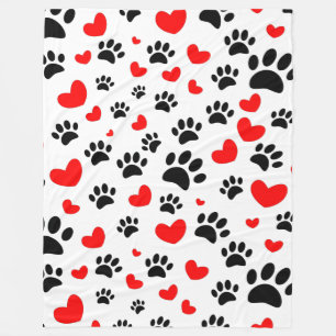 Random Cartoon Dog Paw Prints and Red Hearts Fleecedecke