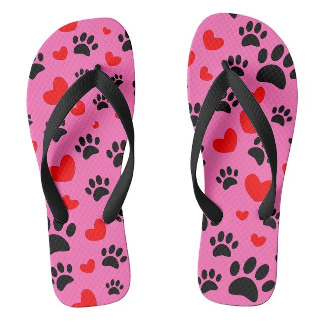 Random Cartoon Dog Paw Prints and Red Hearts Flip Flops (Fußbett)