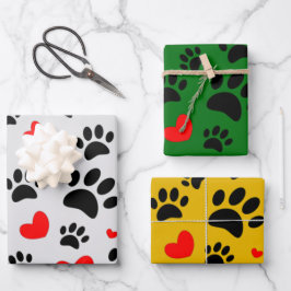 Random Cartoon Dog Paw Prints and Red Hearts Geschenkpapier Set