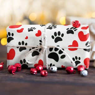 Random Cartoon Dog Paw Prints and Red Hearts Geschenkpapier Set