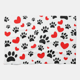 Random Cartoon Dog Paw Prints and Red Hearts Geschirrtuch