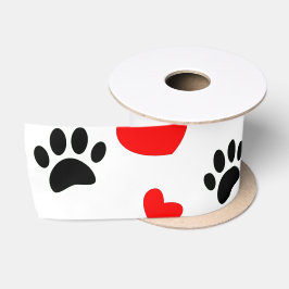 Random Cartoon Dog Paw Prints and Red Hearts Satinband