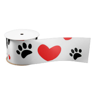 Random Cartoon Dog Paw Prints and Red Hearts Satinband