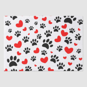 Random Cartoon Dog Paw Prints and Red Hearts Seidenpapier