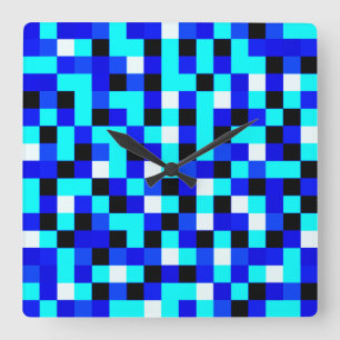 Random Checkered Pixel Art - Blau & Weiß Quadratische Wanduhr