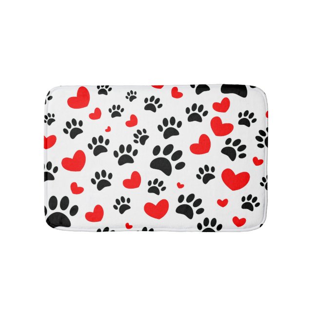 Random Dog Paw Prints And Red Hearts Canine Art Badematte (Vorderseite)