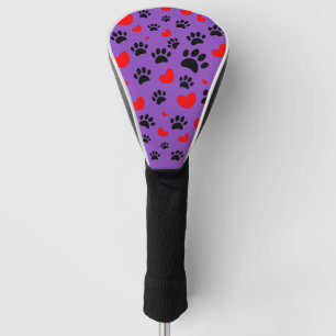 Random Dog Paw Prints und Red Hearts Lila Golf Headcover