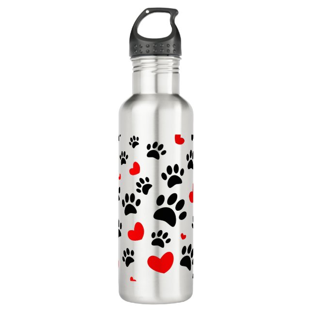 Random Dog Paw Prints und Rote Herzen Edelstahlflasche (Vorderseite)
