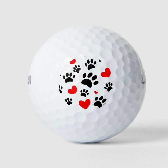 Random Dog Paw Prints und Rote Herzen Golfball (Vorderseite)