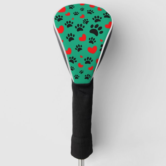 Random Dog Paw Prints und Rote Herzen grün Golf Headcover (Vorderseite)