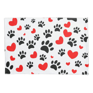 Random Dog Paw Prints und Rote Herzen Kissenbezug