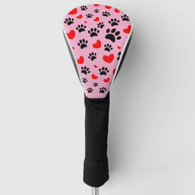 Random Dog Paw Prints und Rote Herzen rosa Golf Headcover (Vorderseite)
