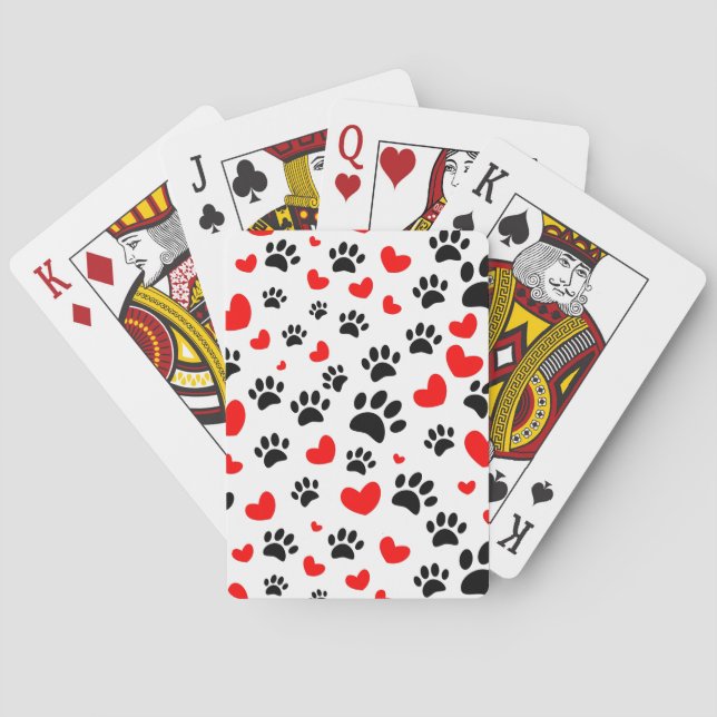 Random-Hund-Paw-Drucke und Rote Herzen Spielkarten (Rückseite)