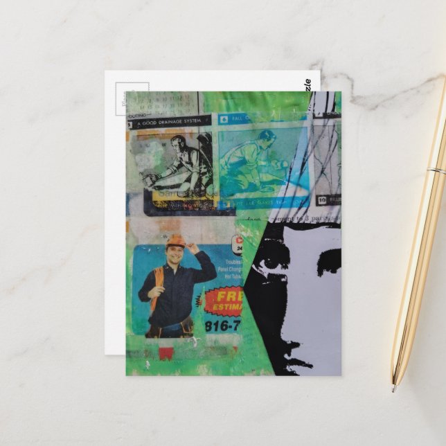 Random Mixed Media Collage Working Men and a Face Postkarte (Vorderseite/Rückseite Beispiel)