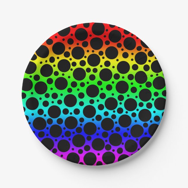 Random Polka Dots - Schwarz auf Regenbogen Pappteller (Vorderseite)