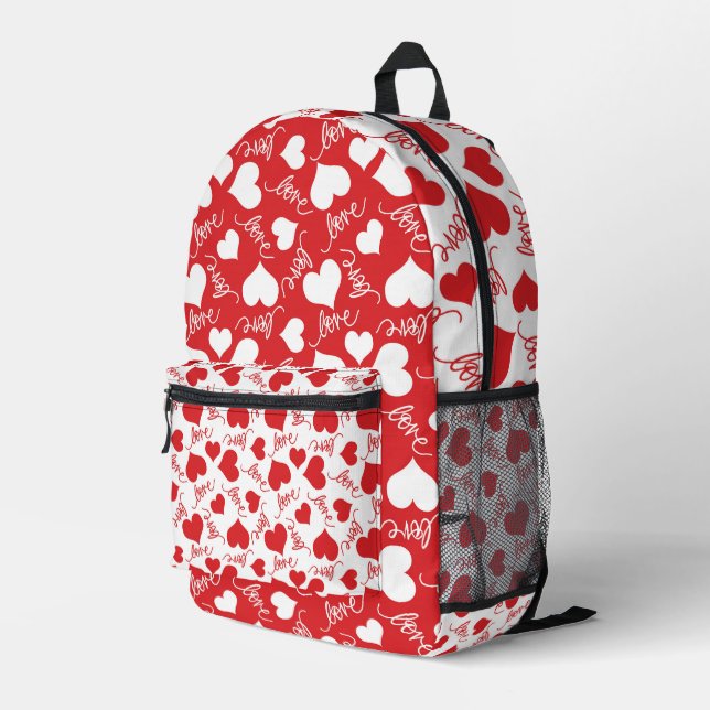 RANDOM RED & WHITE HEARS MIT LIEBE SCRIPT BEDRUCKTER RUCKSACK (Rückseitige Ecke Rechts)