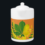 'Rang De Basanti' auf einem Teapot<br><div class="desc">Diese Teekanne fängt die erdigen Reize des frühen Herbstes (Herbst) im Nordosten Amerikas ein, wenn das Laub in Grün- und Gelbtönen gehalten wird. Das Design trägt die Blätter von Pferdekastanien- und Schwarzkastanienbäumen. Da die Blätter sich von grün zu gelb verändern, heißt es "Rang De Basanti", ein beliebter Ausdruck in Hindi...</div>