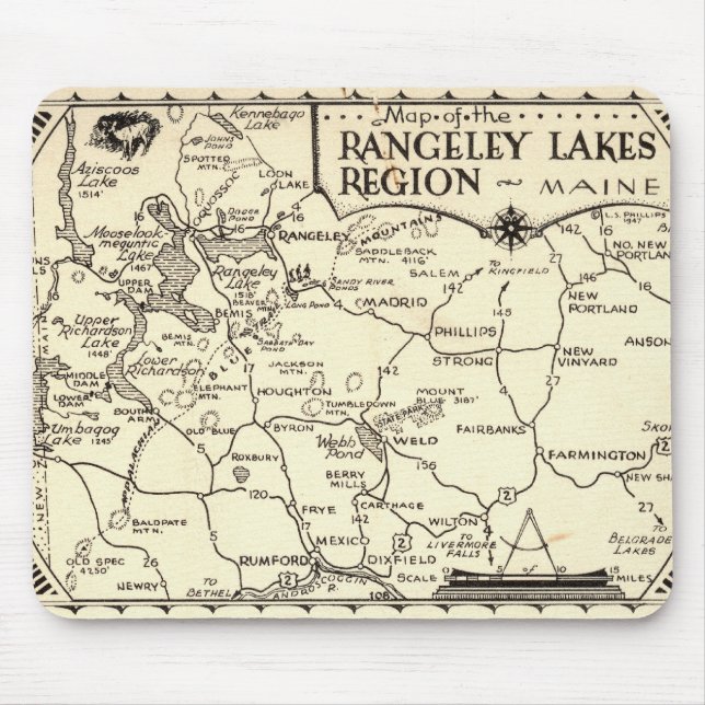 Rangeley Lakes Karte Maine Vintage Poster Mousepad (Vorne)