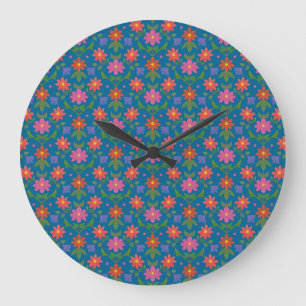 Rangoli Blume Polka Dot Blue Round Wall Clock Große Wanduhr