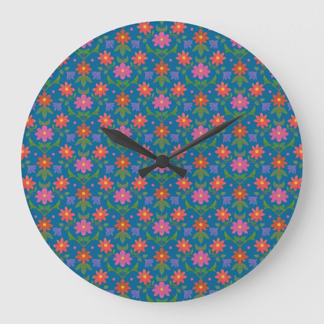 Rangoli Blume Polka Dot Blue Round Wall Clock Große Wanduhr (Vorderseite)