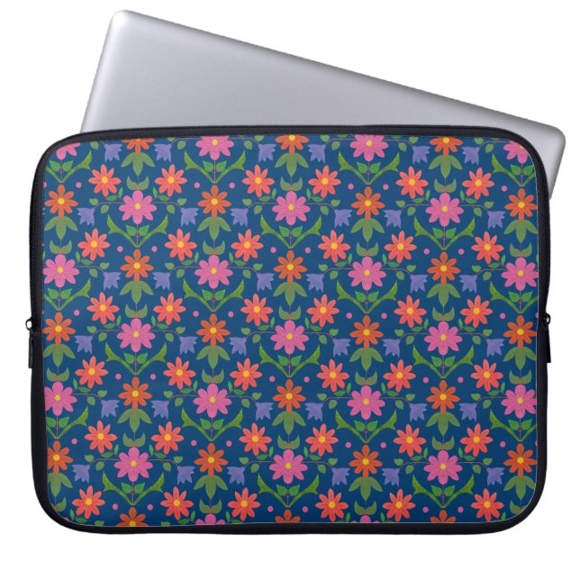 Rangoli-Blume, Polka-Punkte auf blauem Laptop-Sieb Laptopschutzhülle (Vorderseite)