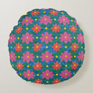 Rangoli-Blume, Polka-Punkte auf blauem Rundkissen Rundes Kissen