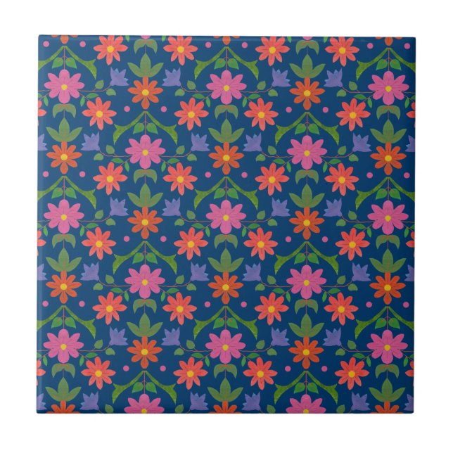 Rangoli Blumen, Polka-Punkte auf blauer Fliese (Vorderseite)