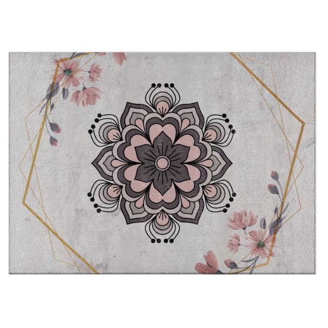 Rangoli Blumenkunst, Rosa und Grau Mandala Design Schneidebrett (Vorderseite)