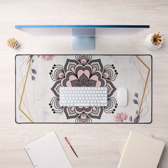 Rangoli Blumenkunst, Rosa und Gray Calming Harmoni Schreibtischunterlage (Büro 1)