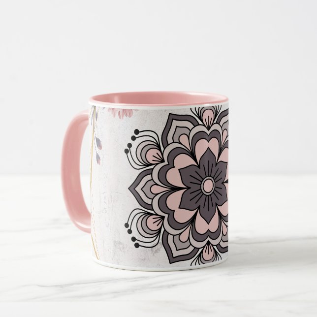 Rangoli Blumenkunst, Rosa und Gray Calming Harmoni Tasse (Vorderseite Links)