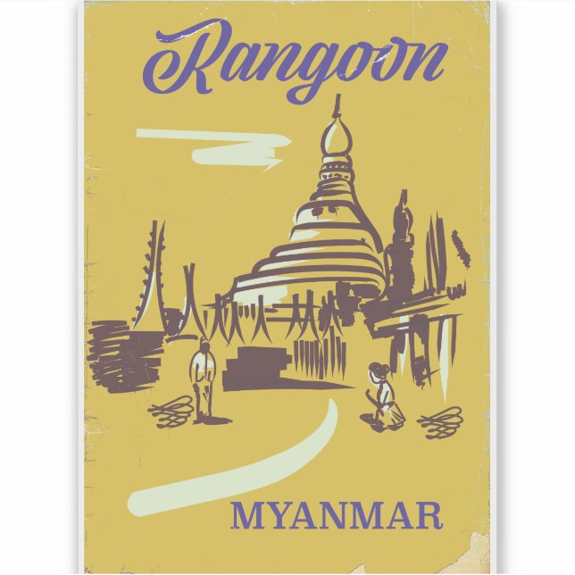 Rangoon Myanmar Vintage Reiseplakat Aufkleber (Vorderseite)