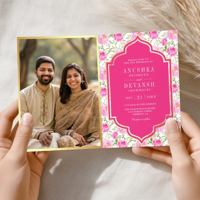 Rani Pink Floral Muster QR Code Indian Wedding Einladung (Von Creator hochgeladen)