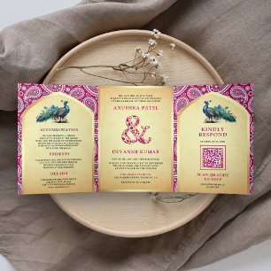 Rani Pink Paisley Indischer Pfau QR-Code Hochzeit Dreifach Gefaltete Einladung