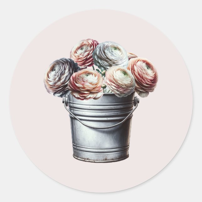 Ranunculus in Tin Pail Rustic Glam Pink Bridal Runder Aufkleber (Vorderseite)