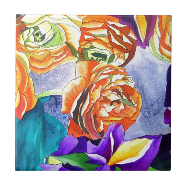 Ranunculus und Iris Aquarellkunst Fliese (Vorderseite)