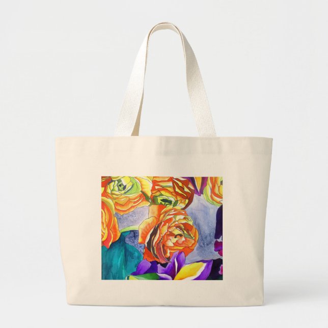 Ranunculus und Iris Aquarellkunst Jumbo Stoffbeutel (Vorne)