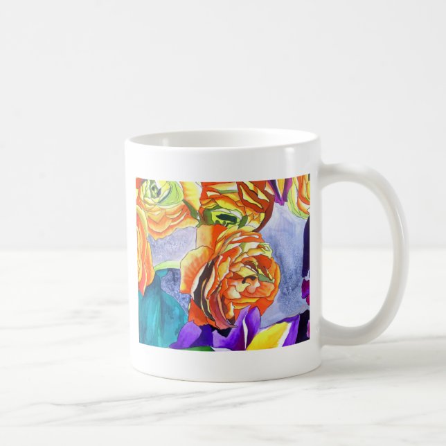Ranunculus und Iris Aquarellkunst Kaffeetasse (Rechts)