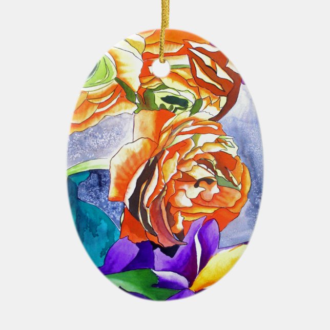 Ranunculus und Iris Aquarellkunst Keramik Ornament (Vorne)