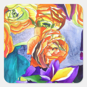 Ranunculus und Iris Aquarellkunst Quadratischer Aufkleber