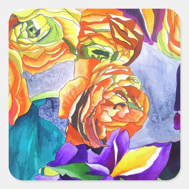 Ranunculus und Iris Aquarellkunst Quadratischer Aufkleber (Vorderseite)