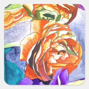 Ranunculus und Iris Aquarellkunst Quadratischer Aufkleber
