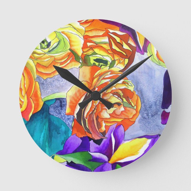 Ranunculus und Iris Aquarellkunst Runde Wanduhr (Vorderseite)