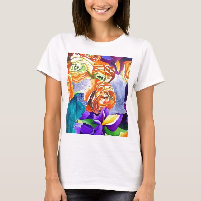 Ranunculus und Iris Aquarellkunst T-Shirt (Vorderseite)