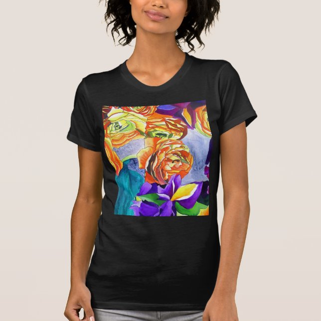 Ranunculus und Iris Aquarellkunst T-Shirt (Vorderseite)
