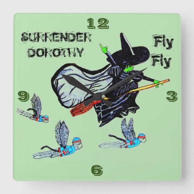 RÄNZUNG DER OZ FLYING WITCH SQUARE WALL CLOCK QUADRATISCHE WANDUHR (Vorderseite)
