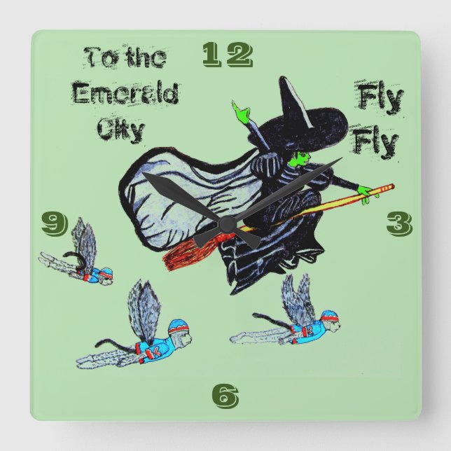 RÄNZUNG DER OZ FLYING WITCH SQUARE WALL CLOCK QUADRATISCHE WANDUHR (Vorderseite)